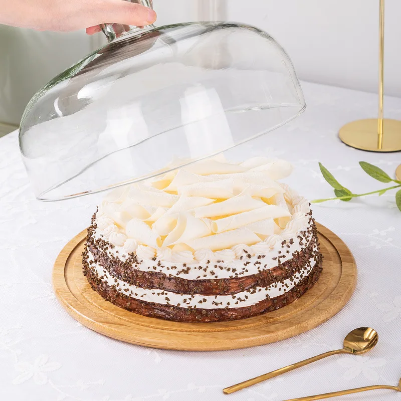 100% Natural Eco Friendly Decorating Serving Platter Cheese Board Bamboo Cake Stand with Glass Dome