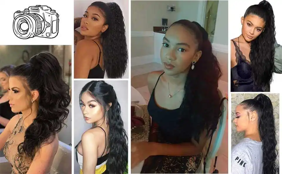 G&T Wig Long Corn Wave Ponytail Extension Synthetic Wrap Around Ponytail Black Curly Hairpiece for Women (1B,22 inch)