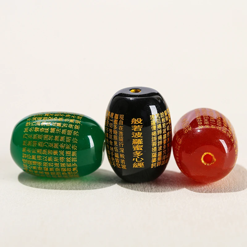 JD GEMS 8mm 10mm 12mm Round Barrel Shape Natural Stone Black Red White Green Agate With Tibetan Six Words of Mantra Loose Beads