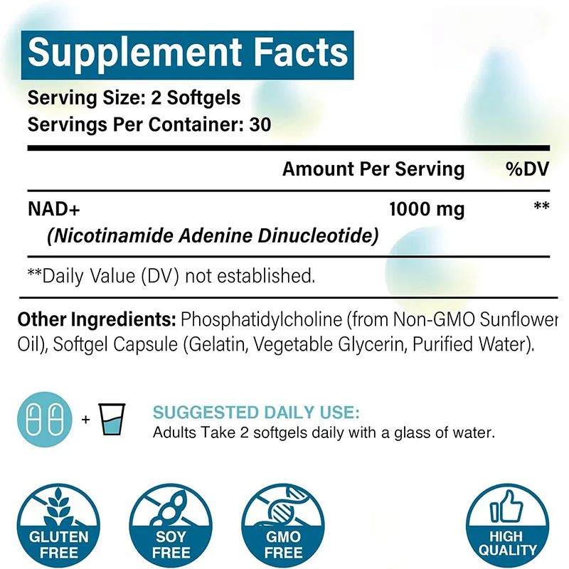 Индивидуальные таблетки NAD plus Nicotinamide Adenine Dinucleotide 1000 мг чистый Nad + порошок softgels для поддержки клеточной энергии