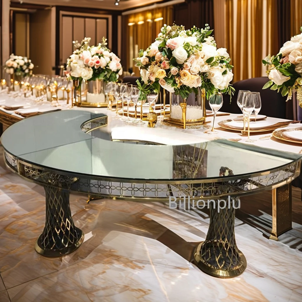 Modern Half Moon Wedding Table with Semicircle Hollow Out Mirror Glass Stainless Steel Dining Room Furniture