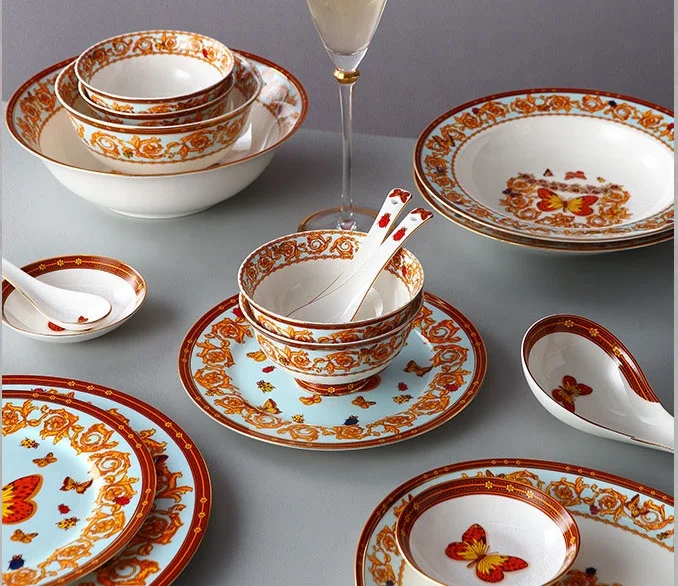 European-style creative bone china western plate rice bowl soup plate household 28-piece tableware set gift box