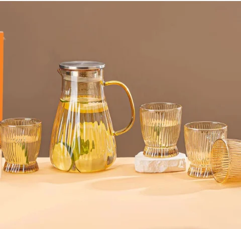 Eco-friendly colored glass jug cups set 5 pcs beverage orange juice water jug with lid and handle