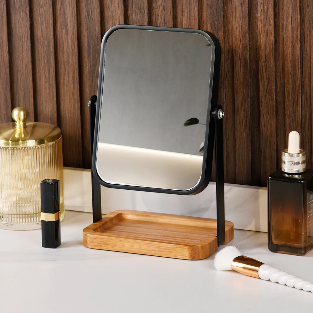 Custom Square Double Sides Mirror Table Top 1X 3X Vanity Makeup Mirror With Bamboo Tray