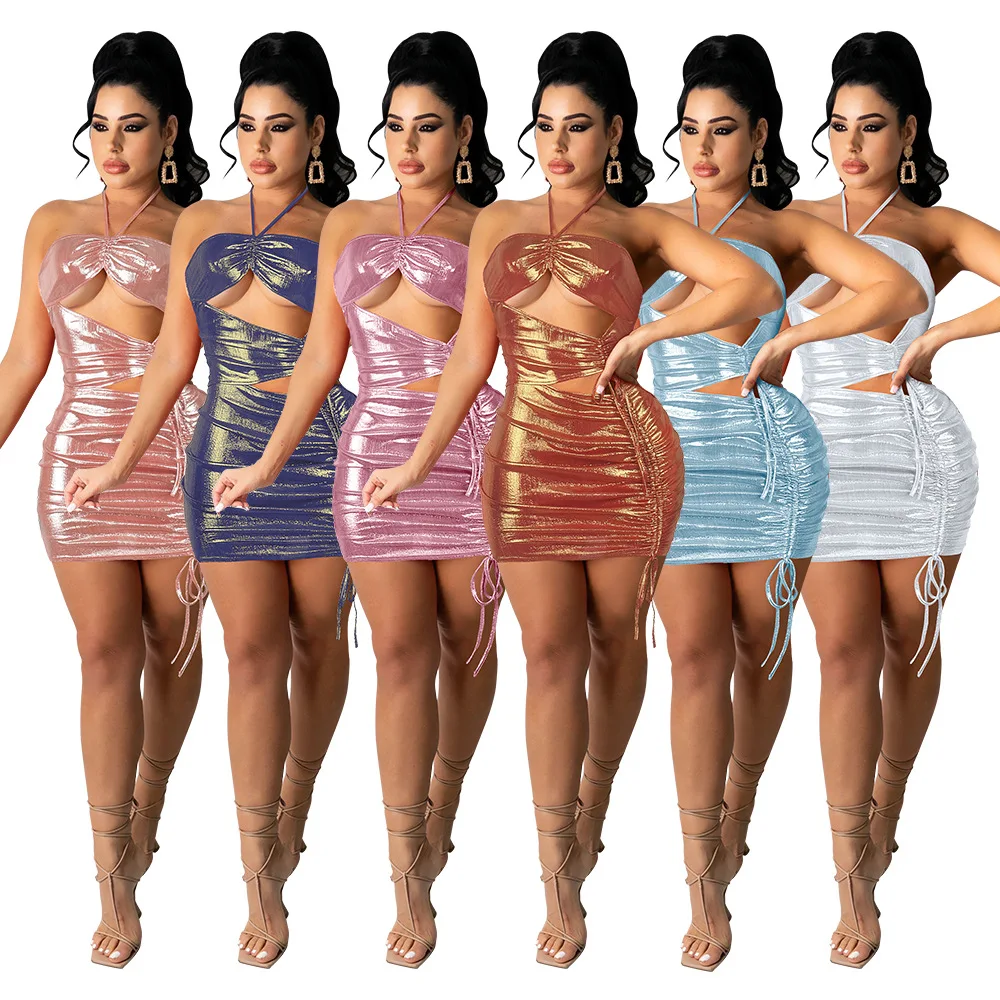 2022 new arrivals women clothing pink liquid shiny metallic fashion ladies party bodycon sexy mini night club bandage dress
