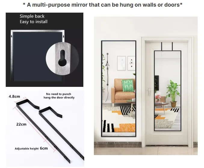 Factory Directly Supply Full Size Long Full Body Door Hanging Mirror Home Decor Metal Frame Minimalist  No Punching Mirror