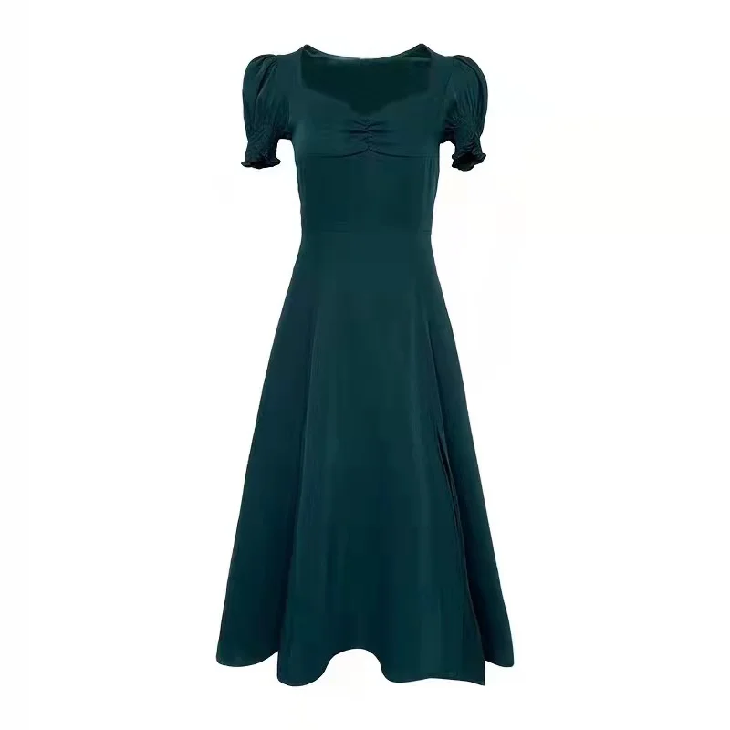 ladies Fashion Casual Summer Clothing Bridesmaid Party Wear Puff Sleeve Solid Color Chiffon Bodice Wrap Midi Sundress For Women