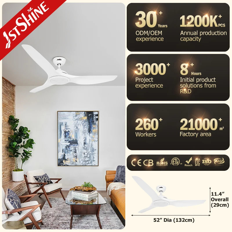 1stshine ceiling fan factory sale popular low noise white abs blade remote ceiling fan with led light