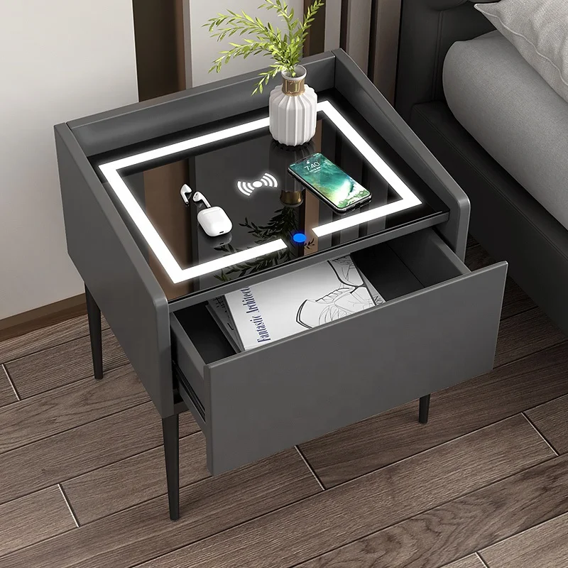 Bedroom 3C tempered glass countertop LED energy-saving ring light smart bedside table with wireless charging
