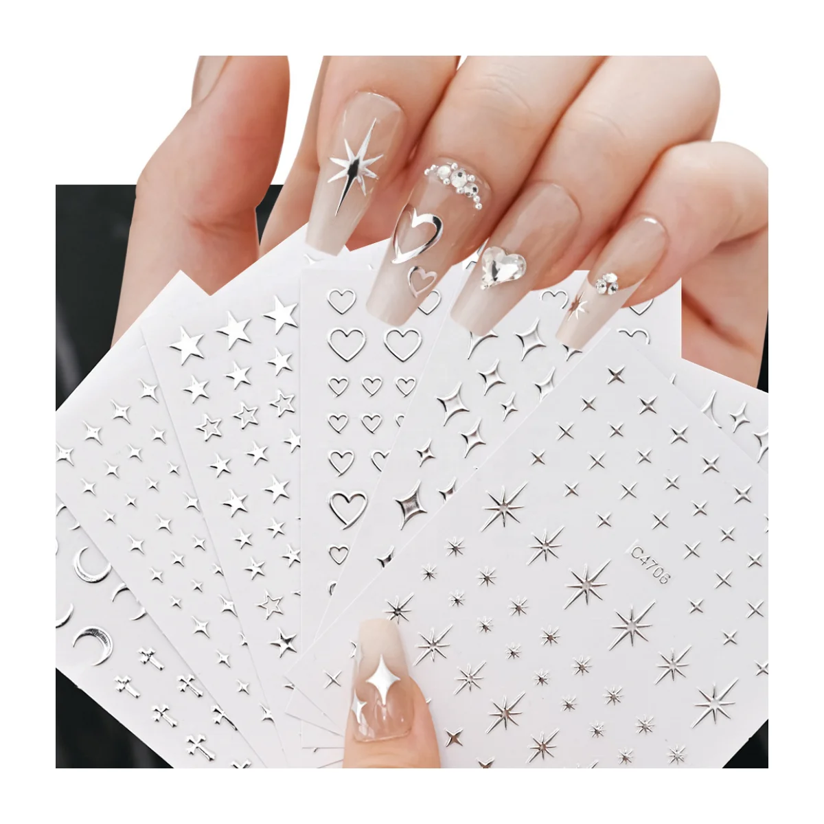 New 5D liquid metal Silver nail sticker moon star love stickers for nail art