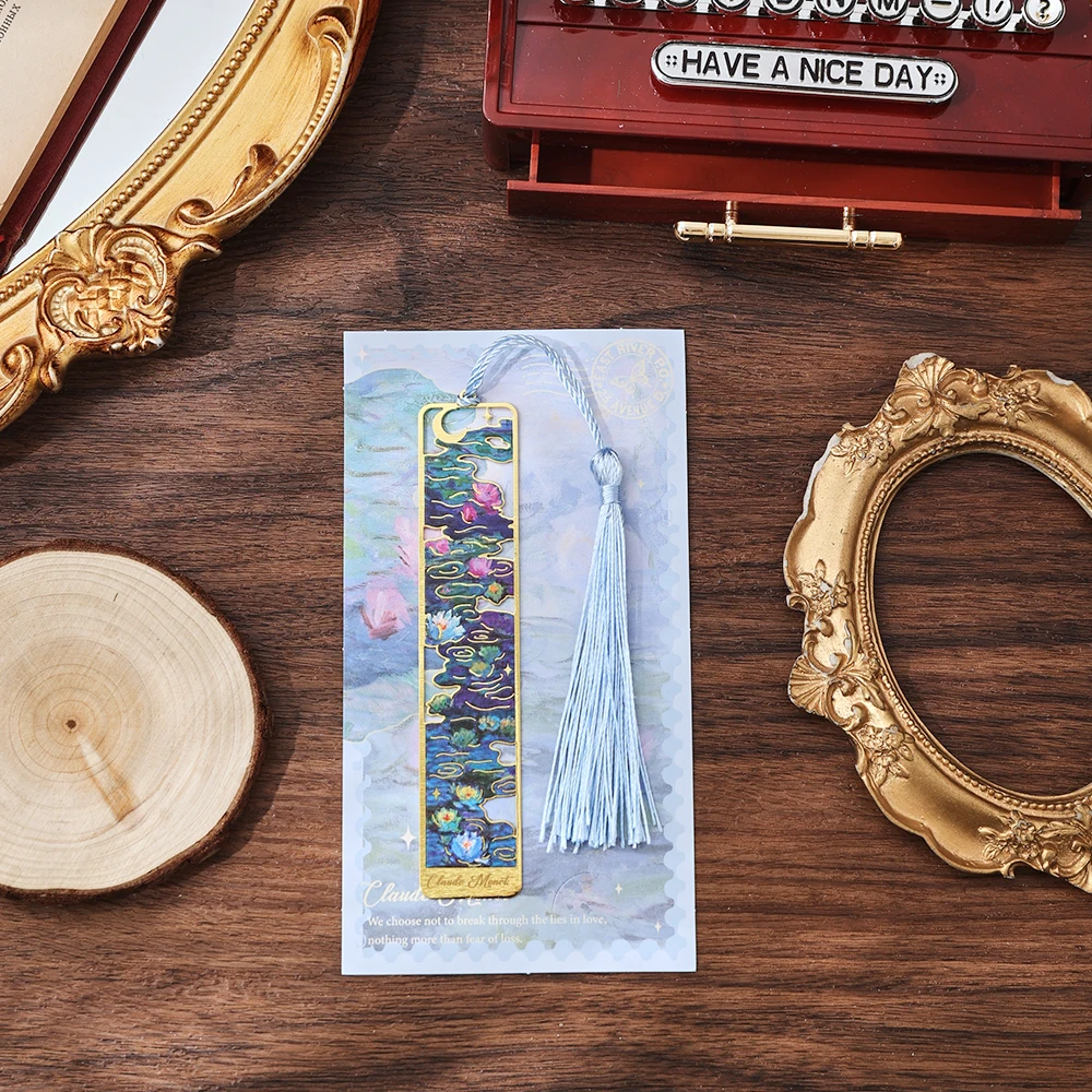 IMODA Stationery 1pc Water Lily Bookmark Hollow Painting Metal Book Mark With Tassel Gifts For Book Lovers Readers Writers