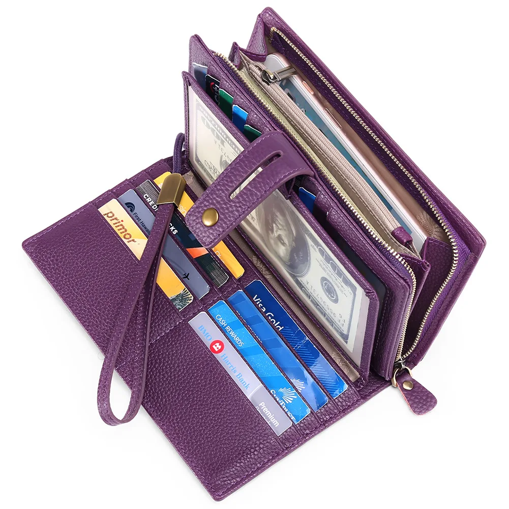 Latest Vintage Ladies Wallet RFID Blocking Leather Purse with Zipper Closure Button Fold Styles Lining Coin Long purse Women