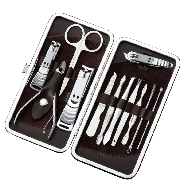 High Quality 12 PCS Stainless Steel Nail Clippers Suit Professional Customized Logo Silver Manicure Pedicure Set