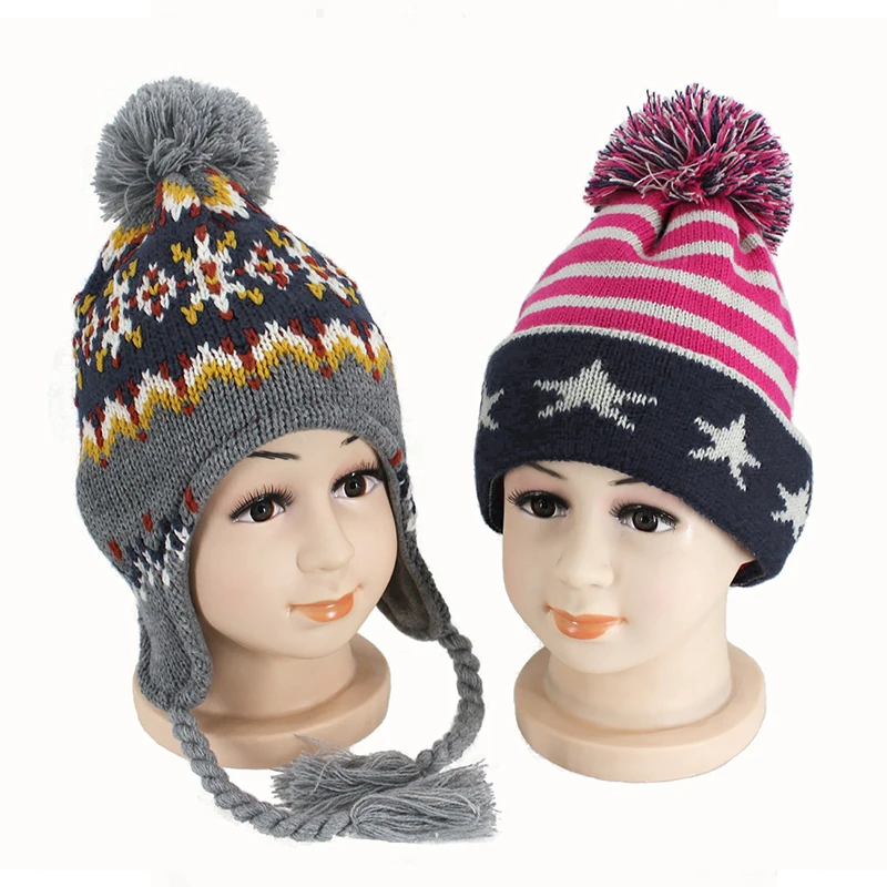 Custom keep warm children winter cute kids earflap jacquard beanie hats pom pom knitted hat