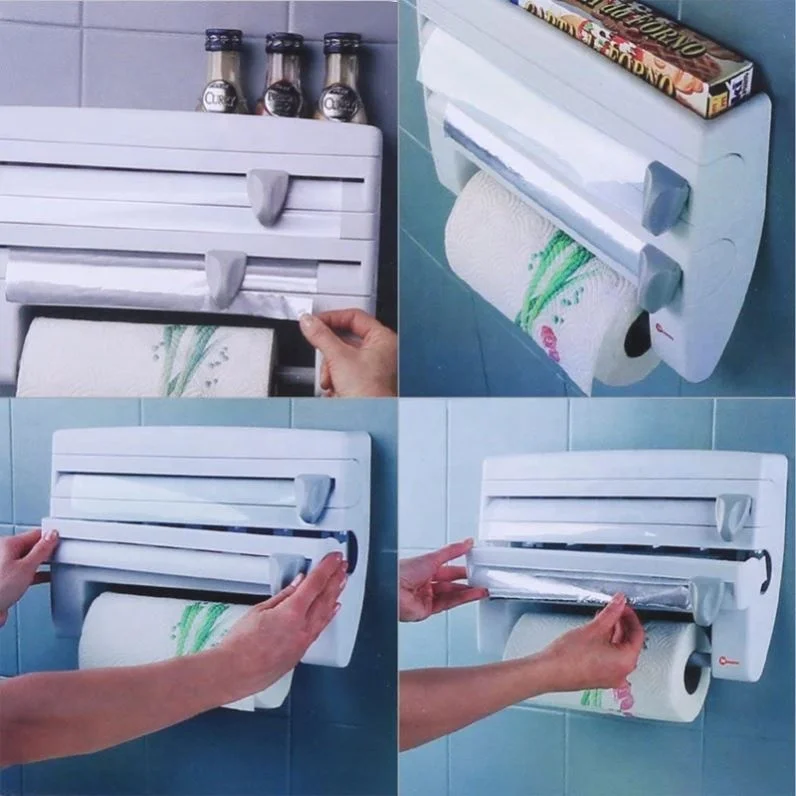 Hot Selling Wall-Mount Paper Towel Holder Sauce Bottle Rack 4 In 1 Cling Film Cutting Multifunction Kitchen Organizer