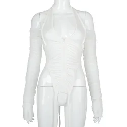 New Arrival Woman T-shirt With Zipper Long Sleeve V-neck Lace Mesh White Crop Top