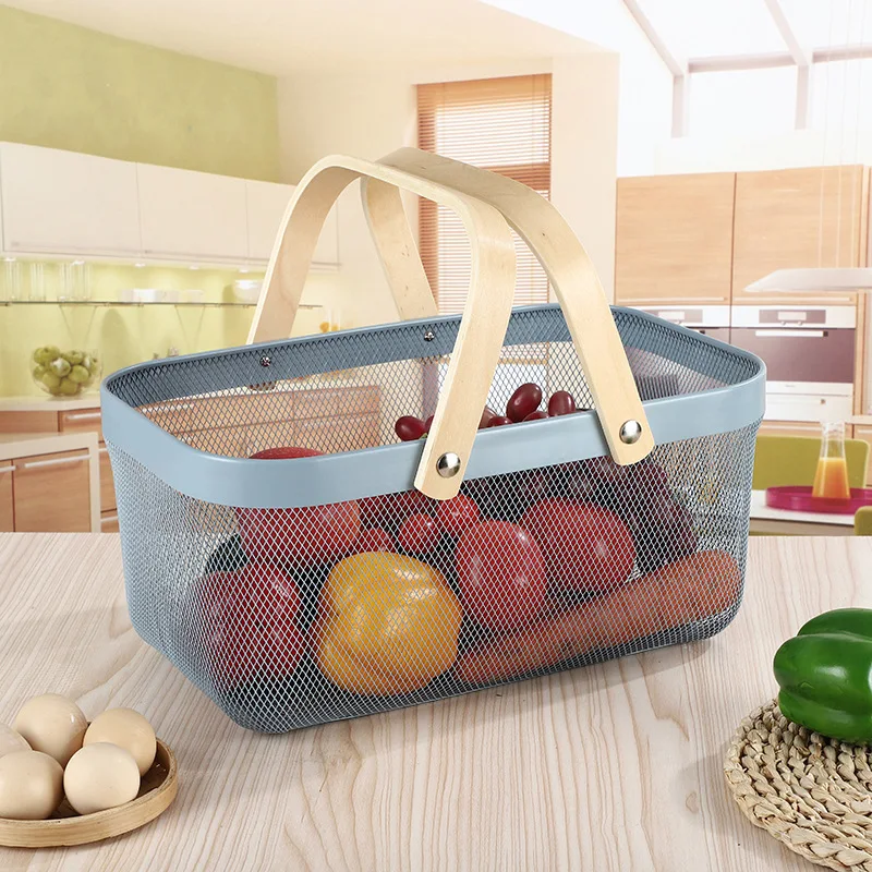 Multifunctional Kitchen Home Organization Basket Mental Basket Storage Metal Cube Iron with Wooden Handle