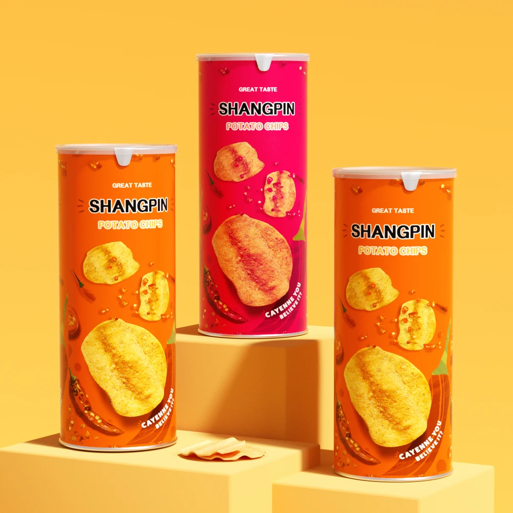 Full Color Printed Long Length Snacks Can Paper Tube Round Easy Peel Off Lid Potato Chips Packaging Tube With Aluminum Foil