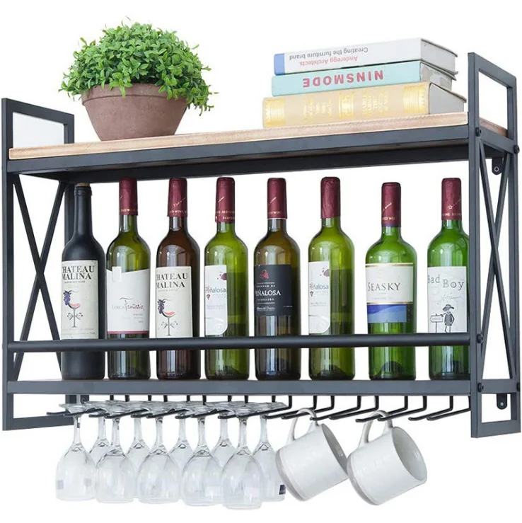 Wall Mounted Wine Racks Industrial Style with 8 Stem Glass Holder 2-Tier Wood Shelf Home Kitchen