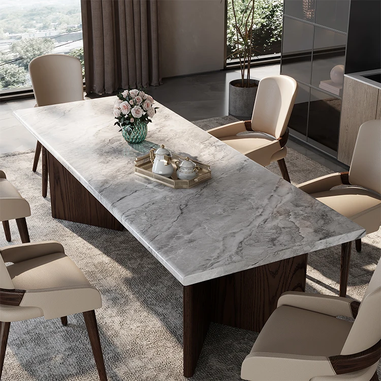 Minimalist Rectangle Marble Top Dinning Table And Backrest Chair Set Wood Dining Table Sets 6 Chairs
