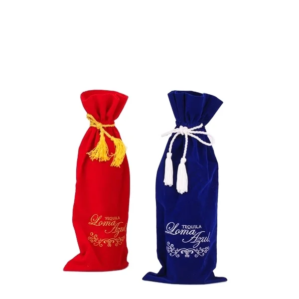 Custom luxury wine velvet bag pouch with tassel and embroidery logo for wine bottle