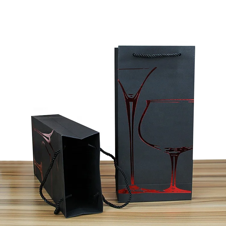Factory direct sale black wine bags with handles Wholesale two bottle pack red wine paper bag