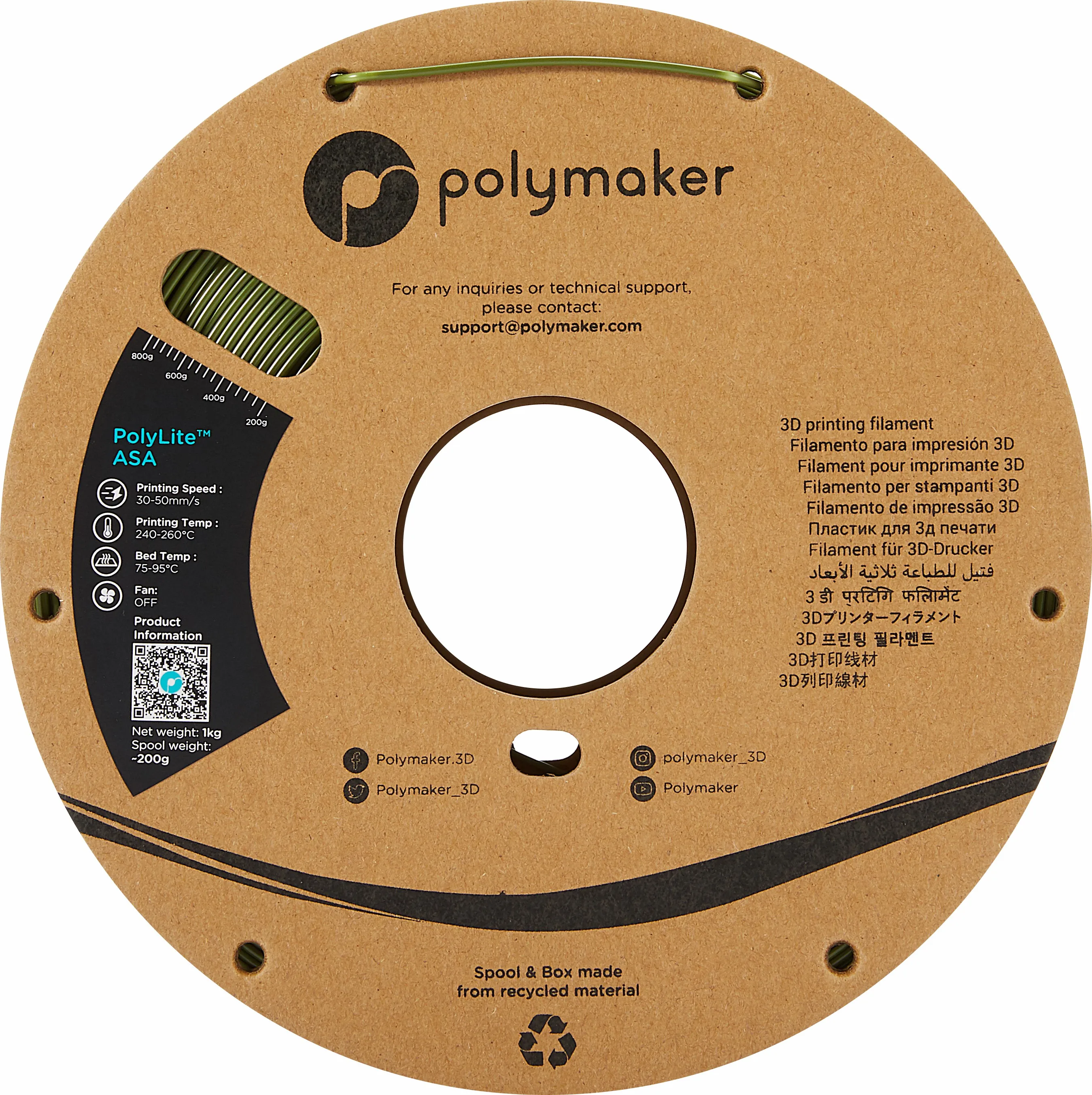 China Manufacturer New Product UV Resistance 1kg / 1.75mm/ 2.85mm Polymaker PolyLite ASA 3D Printing Filament For Sale