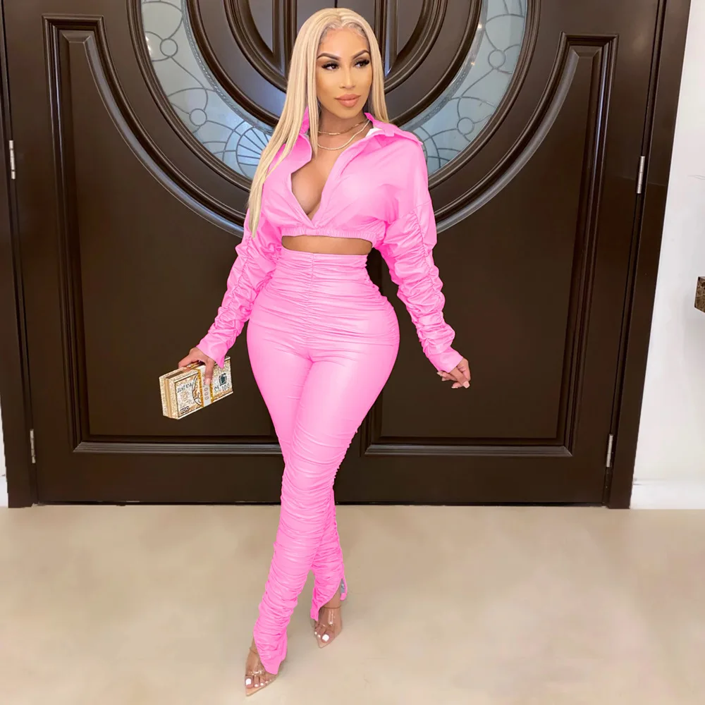 PU leather stack pants 2 piece set for women v neck long sleeve crop tops and pants sets