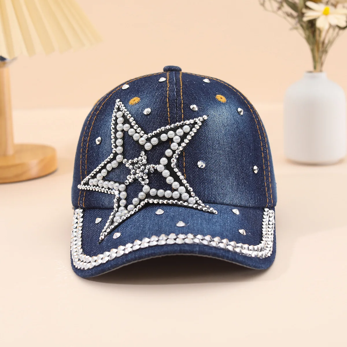 Summer Women Washed Denim Fashion Peaked Pearl Rhinestone Decor Denim Star Design Denim Baseball Cap