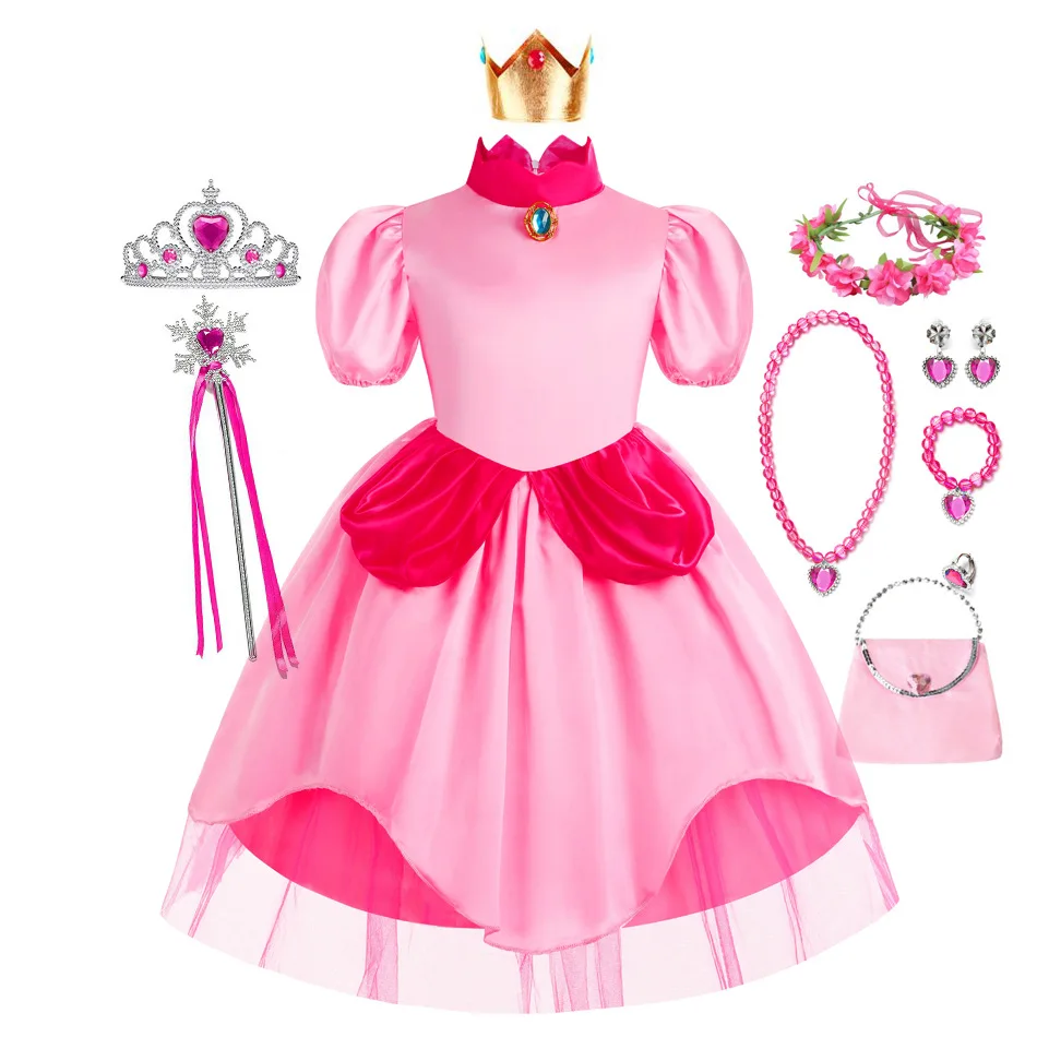 Princess Peach Costume for Girls,Super Brothers Princess Peach Dress for Kids Cosplay Halloween Party Dress Up