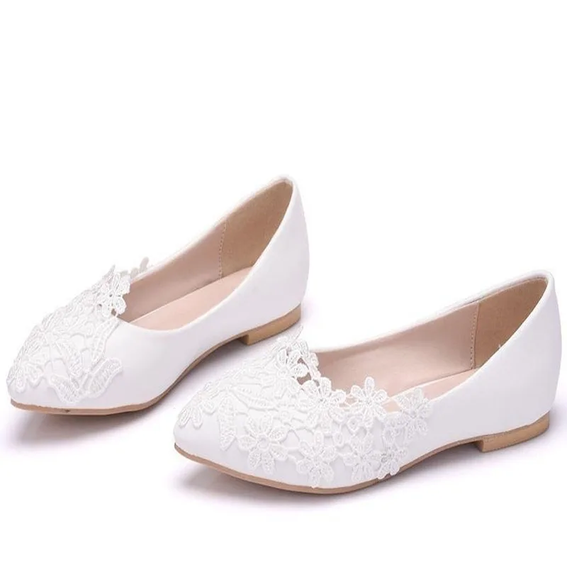 Lady Flat White Lace Bridal Shoes Lady Plus Size Party Crystal Sandals Floral Wedding Shoes