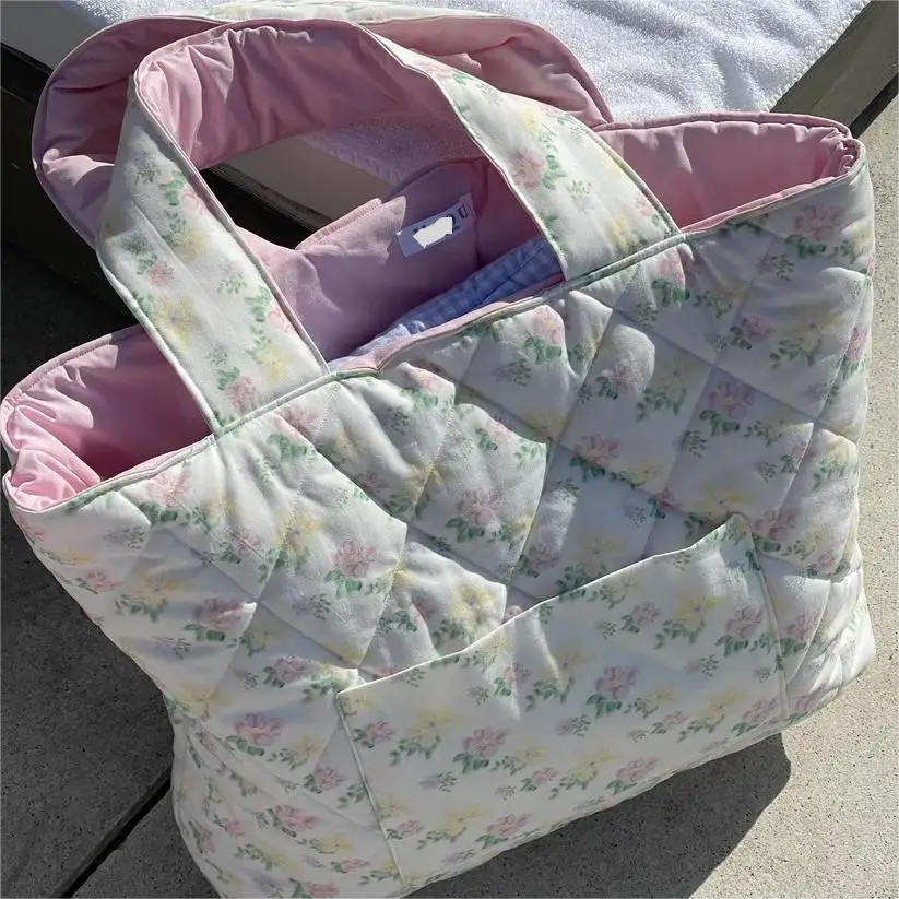 100% cotton large sweetly beach bag light pink floral Luggage vintage quilted Cotton tote bag with Outside pocket