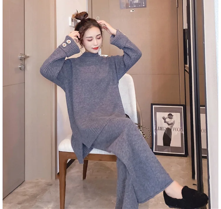 Women OEM Sweater Twin Set Customize Casual Ladies Long Sleeve Knit Pullover And Long Pant Sets Rib Knitted Women Sweater Sets
