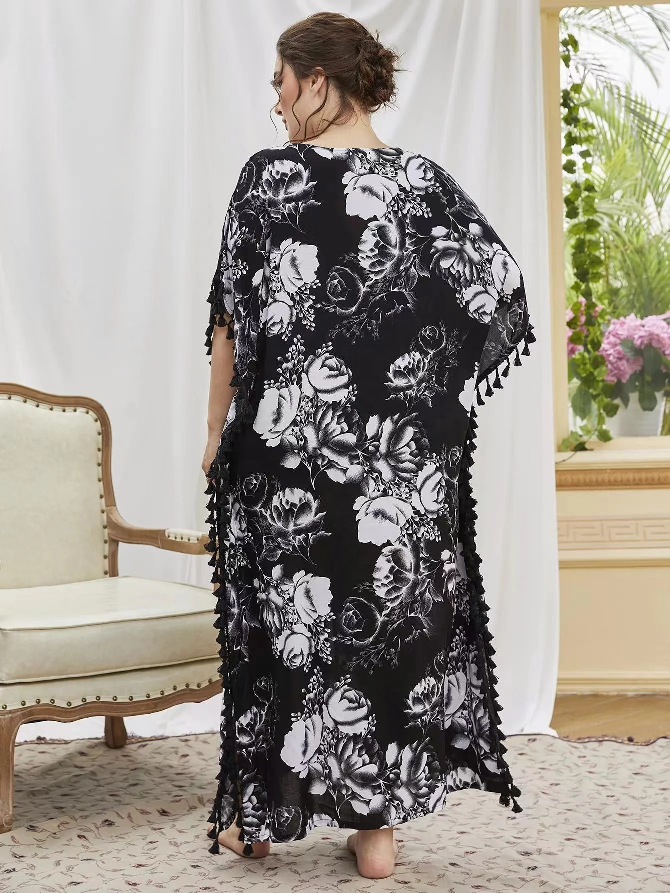 Plus Size Print Fashion Muslim Nightgown Casual Arabic Islamic clothing 4XL Soft Women Sleepwear Robe