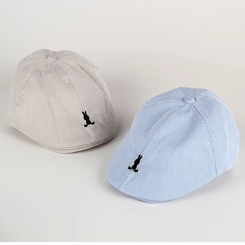 Cotton Baby Boy Beret Rabbit Embroidered Cartoon Infant Newsboy Bonnets Cap Casual Berets Summer Striped Hat For Baby Beanies