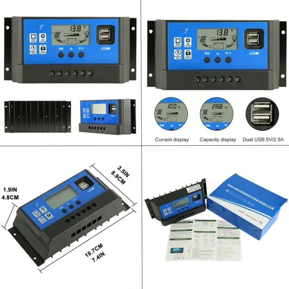 Solar Charge Controller input voltage PWM Auto 12V 24V 10A 20A 30A 40A 50A 60A LCD Dual USB Solar Panel System Regulator