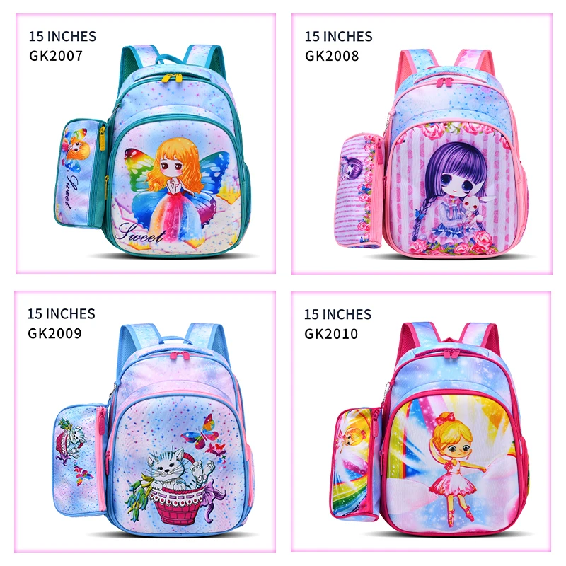 fashion 15 inch school  cartoon bags special colorful fabric design kids bag  with pencil case