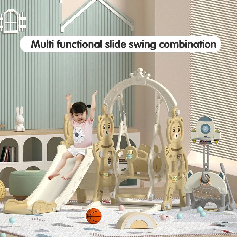 Children Outdoor Playhouse Plastic Swings Set Baby Park Swing And Slide Basketball Frame Toys For Kids