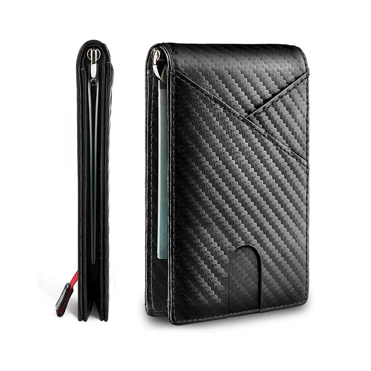 
Amazon hot sale multifunction slim genuine carbon fiber smooth leather rfid id credit card holder money clip wallet for men 