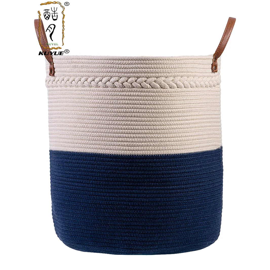 KUYUE Navy Blue Cotton Rope Basket with Leather Handle Foldable Storage Holders & Racks OPP Bags Single Clothing Organizer Round