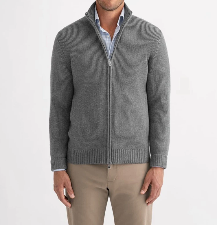 DLDM OEM Custom Design Logo Two-Way Ribbed Funnel Stand Collar Merino Wool Fur Zip Cardigan Men Knit Sweater Fleece Jacket