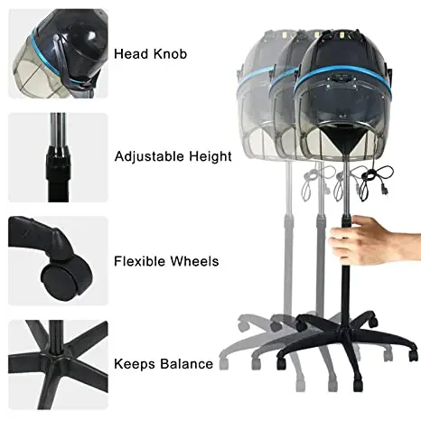 Professional Adjustable Hooded Floor Hair Bonnet Dryer Stand Up Rolling Base with Wheels Salon Equipment