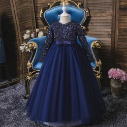 SE9688 New Sequin princess dress kid red wedding gown for dresses for girls of 10 year old long sleeve  girls party dress