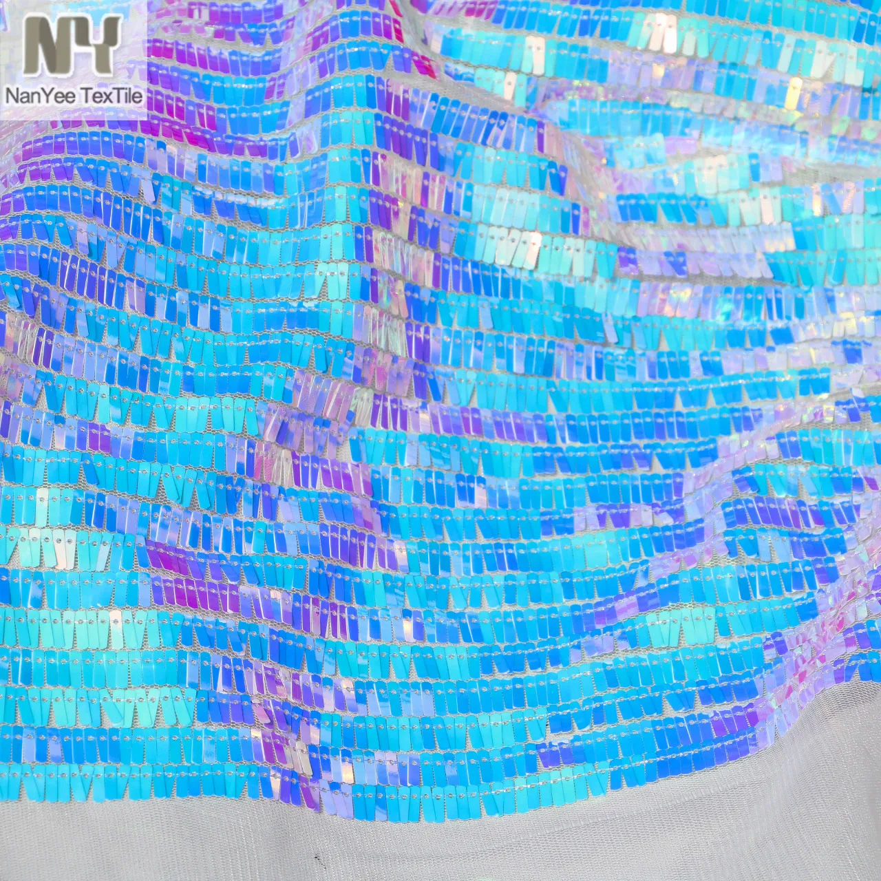 Nanyee Textile 10mm Size Mermaid Blue Iridescent Color Rectangle Sequin Embroidery Fabric