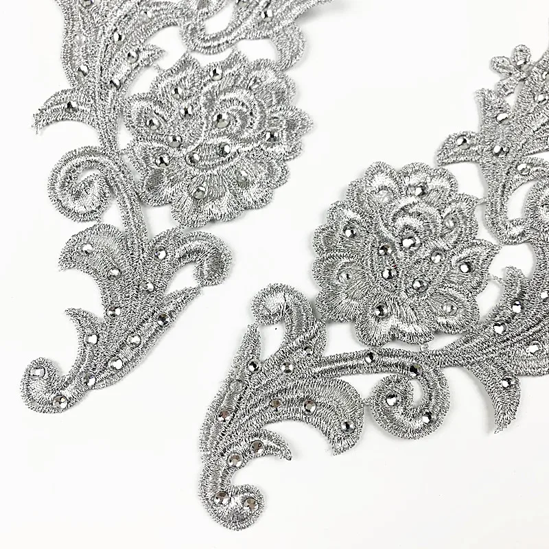 Luxury 100% Polyester Gold Silver Embroidery Lace Appliques with Rhinestone Mirror Sustainable Pair Lace for Garment or Dress