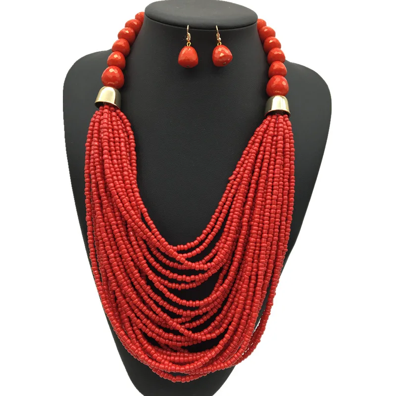 Bohemian Multi-layered Bead Necklace and Earring Jewelry Set Ethnic Style Women Jewelry Set Exaggerated Dubai Jewelry Set