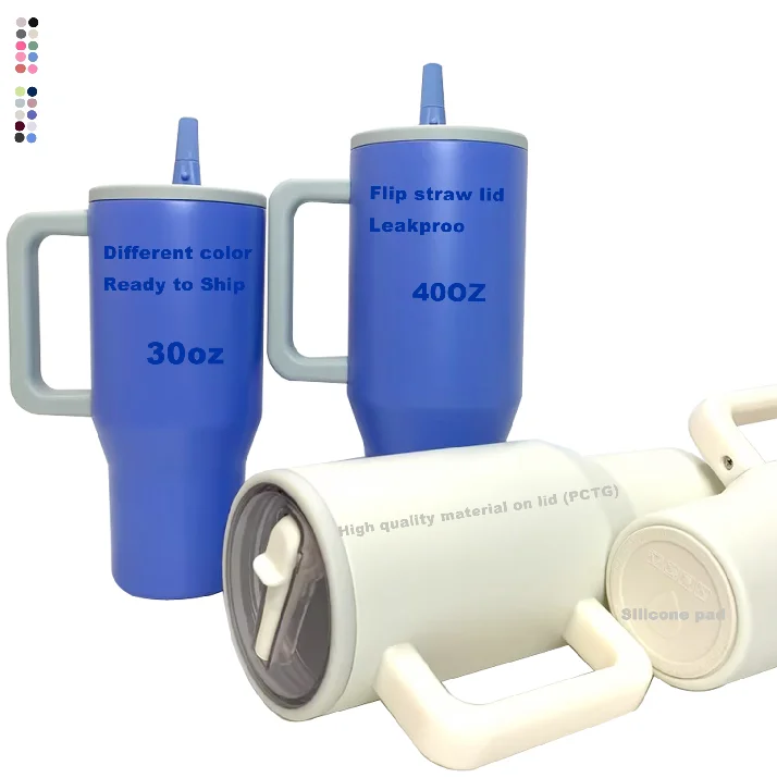 30oz/40oz leakproof stainless steel traveler coffee mug cup tumbler with flip straw folding lid and handle in different colors