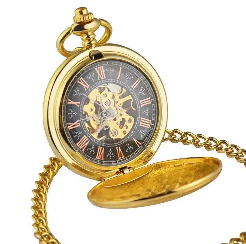 Roman Double Face Heart Gold Manual Mechanical Pocket Watches