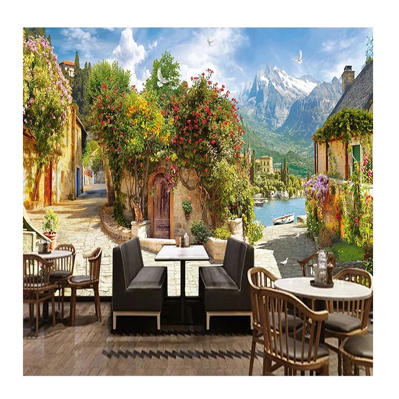 KOMNNI Custom 3d Poster Wallpaper Retro European Small Town Large Landscape Mural Coffee Shop Restaurant Background Wall Mural