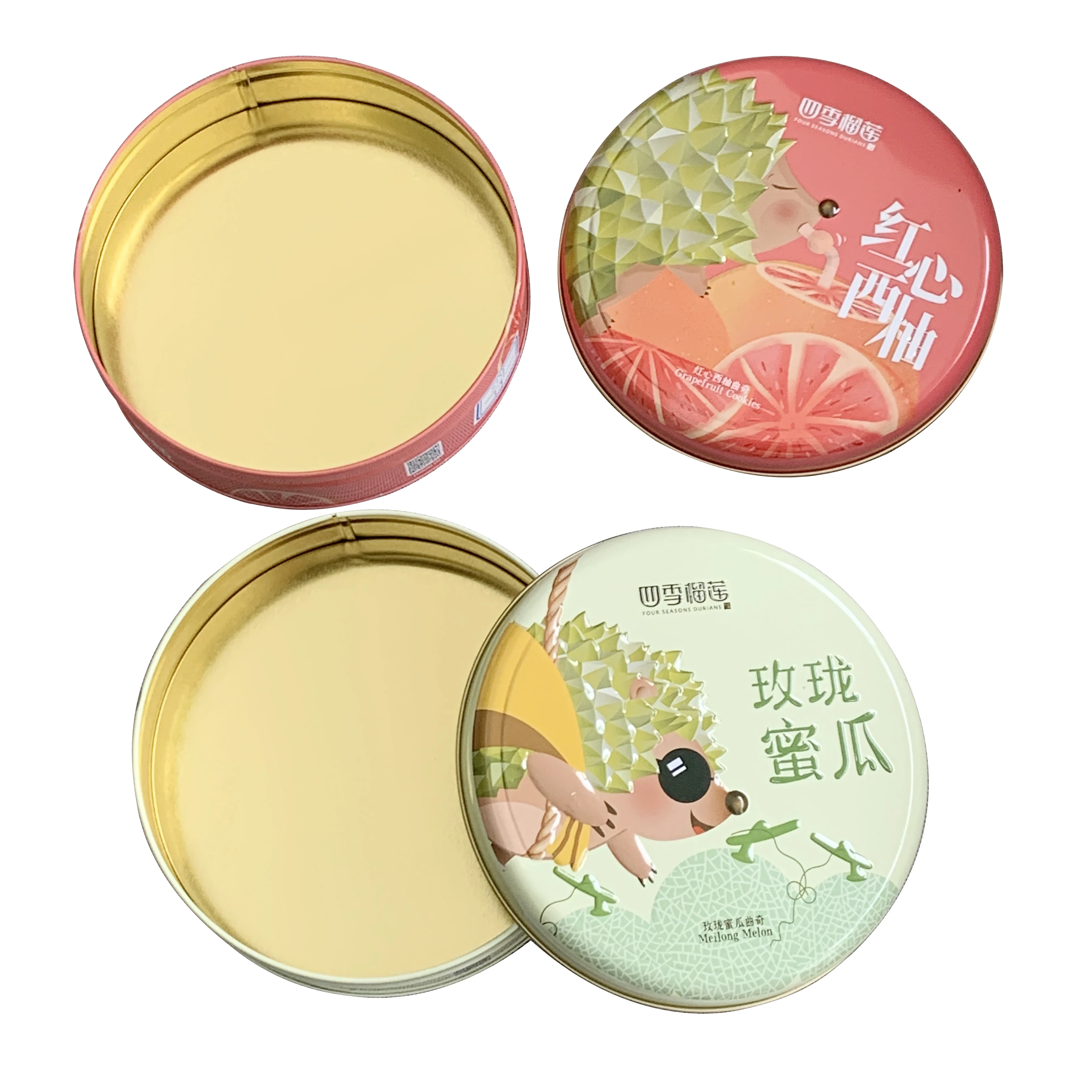 Custom design empty round multicolor cookie tin containers food grade sealed embossed metal cookies packaging boxes